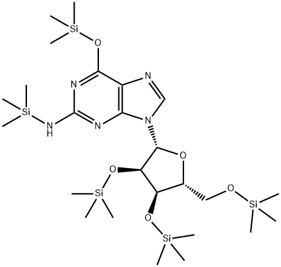 9H-Purin-2-amine, N-(trimethylsilyl)-6-[(trimethylsilyl)oxy]-9-[2,3,5- tris-O-(trimethylsilyl)-beta-D-ribofuranosyl]- 结构式