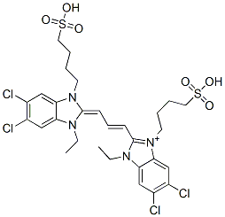 5,6-dichloro-2-[3-[5,6-dichloro-1-ethyl-1,3-dihydro-3-(4-sulphobutyl)-2H-benzimidazol-2-ylidene]-1-propenyl]-1-ethyl-3-(4-sulphobutyl)-1H-benzimidazolium 结构式