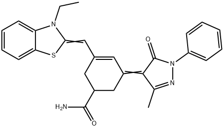 3-([3-ETHYL-1,3-BENZOTHIAZOL-2(3H)-YLIDENE]METHYL)-5-(3-METHYL-5-OXO-1-PHENYL-1,5-DIHYDRO-4H-PYRAZOL-4-YLIDENE)-3-CYCLOHEXENE-1-CARBOXAMIDE 结构式