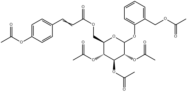 2-(Acetyloxymethyl)phenyl 2-O,3-O,4-O-triacetyl-6-O-[3-(4-acetyloxyphenyl)propenoyl]-D-glucopyranoside 结构式