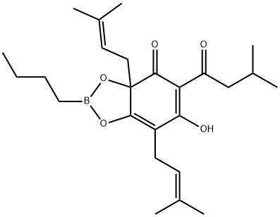 2-Butyl-6-hydroxy-3a,7-bis(3-methyl-2-butenyl)-5-(3-methylbutyryl)-1,3,2-benzodioxaborol-4(3aH)-one 结构式