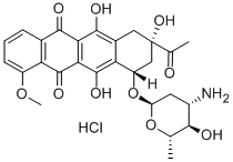 (8S-顺式)-8-乙酰基-10-[(3-氨基-2,3,6-三去氧-ALPHA-L-阿拉伯吡喃糖基)氧基]-7,8,9,10-四氢-6,8,11-三羟基-1-甲氧基并四苯-5,12-二酮盐酸盐 结构式
