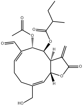 (3aS,6E,10Z)-3-Methylene-4α-(2-methylbutanoyloxy)-5β-acetoxy-6-formyl-10-(hydroxymethyl)-2,3,3aβ,4,5,8,9,11aα-octahydrocyclodeca[b]furan-2-one 结构式