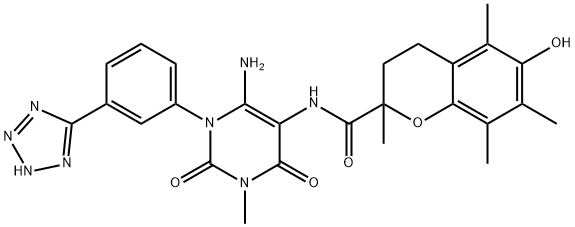 2H-1-Benzopyran-2-carboxamide,  N-[6-amino-1,2,3,4-tetrahydro-3-methyl-2,4-dioxo-1-[3-(1H-tetrazol-5-yl)phenyl]-5-pyrimidinyl]-3,4-dihydro-6-hydroxy- 结构式