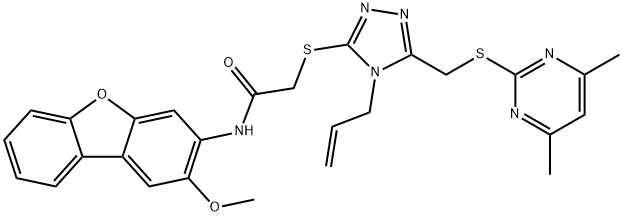 Acetamide, 2-[[5-[[(4,6-dimethyl-2-pyrimidinyl)thio]methyl]-4-(2-propenyl)-4H-1,2,4-triazol-3-yl]thio]-N-(2-methoxy-3-dibenzofuranyl)- (9CI) 结构式