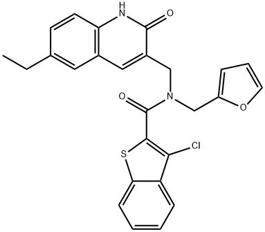 Benzo[b]thiophene-2-carboxamide, 3-chloro-N-[(6-ethyl-1,2-dihydro-2-oxo-3-quinolinyl)methyl]-N-(2-furanylmethyl)- (9CI) 结构式