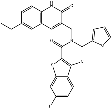 Benzo[b]thiophene-2-carboxamide, 3-chloro-N-[(6-ethyl-1,2-dihydro-2-oxo-3-quinolinyl)methyl]-6-fluoro-N-(2-furanylmethyl)- (9CI) 结构式