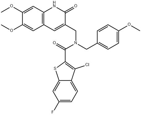 Benzo[b]thiophene-2-carboxamide, 3-chloro-N-[(1,2-dihydro-6,7-dimethoxy-2-oxo-3-quinolinyl)methyl]-6-fluoro-N-[(4-methoxyphenyl)methyl]- (9CI) 结构式