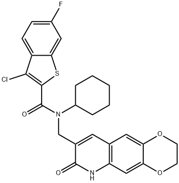 Benzo[b]thiophene-2-carboxamide, 3-chloro-N-cyclohexyl-6-fluoro-N-[(2,3,6,7-tetrahydro-7-oxo-1,4-dioxino[2,3-g]quinolin-8-yl)methyl]- (9CI) 结构式