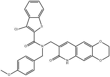 Benzo[b]thiophene-2-carboxamide, 3-chloro-N-[(4-methoxyphenyl)methyl]-N-[(2,3,6,7-tetrahydro-7-oxo-1,4-dioxino[2,3-g]quinolin-8-yl)methyl]- (9CI) 结构式