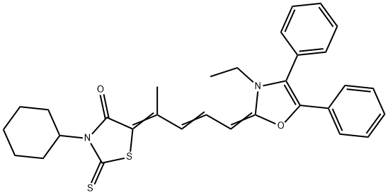 3-cyclohexyl-5-[4-(3-ethyl-4,5-diphenyloxazol-2(3H)-ylidene)-1-methylbut-2-enylidene]-2-thioxothiazolidin-4-one 结构式