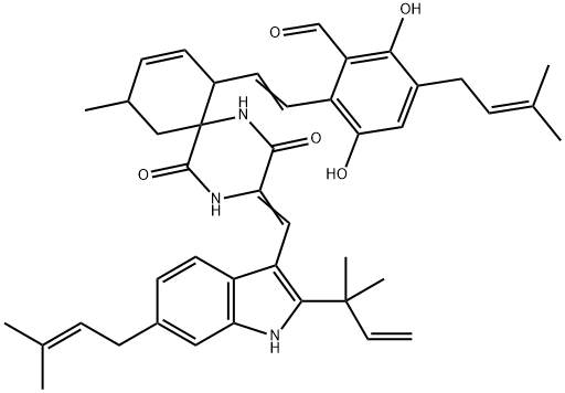 2-[2-[3-[[2-(1,1-Dimethyl-2-propenyl)-6-(3-methyl-2-butenyl)-1H-indol-3-yl]methylene]-10-methyl-2,5-dioxo-1,4-diazaspiro[5.5]undec-8-en-7-yl]vinyl]-3,6-dihydroxy-5-(3-methyl-2-butenyl)benzaldehyde 结构式