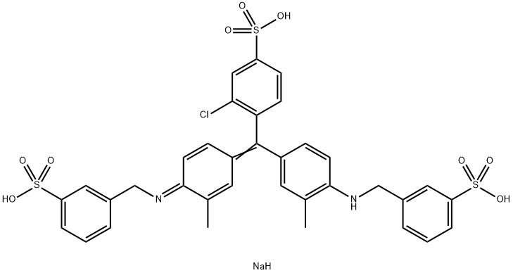 N-[4-[(2-Chloro-4-sodiosulfophenyl)[3-methyl-4-[(3-sodiosulfobenzyl)amino]phenyl]methylene]-2-methyl-2,5-cyclohexadien-1-ylidene]-3-sulfonatobenzenemethanaminium 结构式