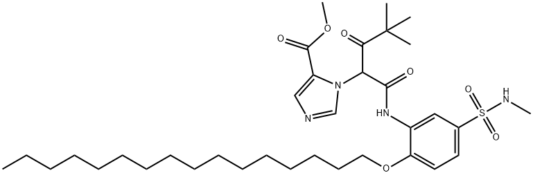 methyl 1-[1-[[[2-(hexadecyloxy)-5-[(methylamino)sulphonyl]phenyl]amino]carbonyl]-3,3-dimethyl-2-oxobutyl]-1H-imidazole-5-carboxylate 结构式