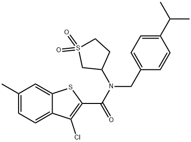 Benzo[b]thiophene-2-carboxamide, 3-chloro-6-methyl-N-[[4-(1-methylethyl)phenyl]methyl]-N-(tetrahydro-1,1-dioxido-3-thienyl)- (9CI) 结构式