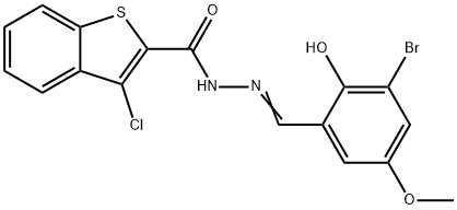 Benzo[b]thiophene-2-carboxylic acid, 3-chloro-, [(3-bromo-2-hydroxy-5-methoxyphenyl)methylene]hydrazide (9CI) 结构式