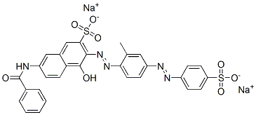 7-(苯甲酰基氨基)-4-羟基-3-[[2-甲基-4-[(4-磺酸基苯基)偶氮]苯基]偶氮]萘-2-磺酸二钠 结构式