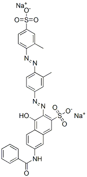 7-(苯甲酰基氨基)-4-羟基-3-[[3-甲基-4-[(2-甲基-4-磺酸基苯基)偶氮]苯基]偶氮]萘-2-磺酸二钠 结构式