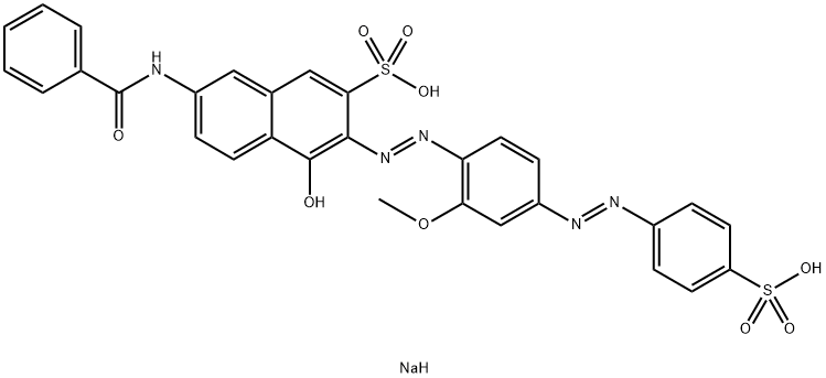 7-Benzoylamino-4-hydroxy-3-[[2-methoxy-4-[(4-sodiosulfophenyl)azo]phenyl]azo]naphthalene-2-sulfonic acid sodium salt 结构式