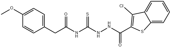 Benzo[b]thiophene-2-carboxylic acid, 3-chloro-, 2-[[[(4-methoxyphenyl)acetyl]amino]thioxomethyl]hydrazide (9CI) 结构式