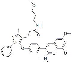 3-[5-[4-[2-(3,5-dimethoxyphenyl)-1-(dimethylcarbamoyl)ethenyl]phenoxy] -3-methyl-1-phenyl-pyrazol-4-yl]-N-(3-methoxypropyl)propanamide 结构式