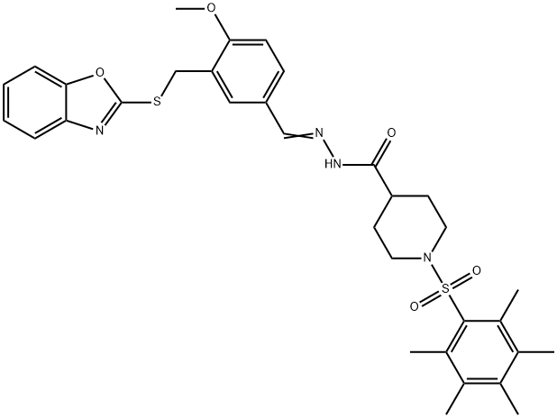 4-Piperidinecarboxylicacid,1-[(pentamethylphenyl)sulfonyl]-,[[3-[(2-benzoxazolylthio)methyl]-4-methoxyphenyl]methylene]hydrazide(9CI) 结构式