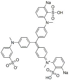 N-Methyl-N-[4-[[4-[N-methyl-N-(3-sulfonatophenyl)amino]phenyl][4-[N-methyl-N-(3-sodiosulfophenyl)amino]phenyl]methylene]-2,5-cyclohexadien-1-ylidene]-3-sodiosulfobenzenaminium 结构式