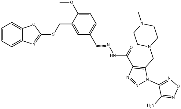 1H-1,2,3-Triazole-4-carboxylicacid,1-(4-amino-1,2,5-oxadiazol-3-yl)-5-[(4-methyl-1-piperazinyl)methyl]-,[[3-[(2-benzoxazolylthio)methyl]-4-methoxyphenyl]methylene]hydrazide(9CI) 结构式
