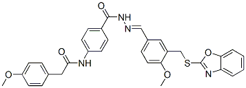 Benzoic acid, 4-[[(4-methoxyphenyl)acetyl]amino]-, [[3-[(2-benzoxazolylthio)methyl]-4-methoxyphenyl]methylene]hydrazide (9CI) 结构式