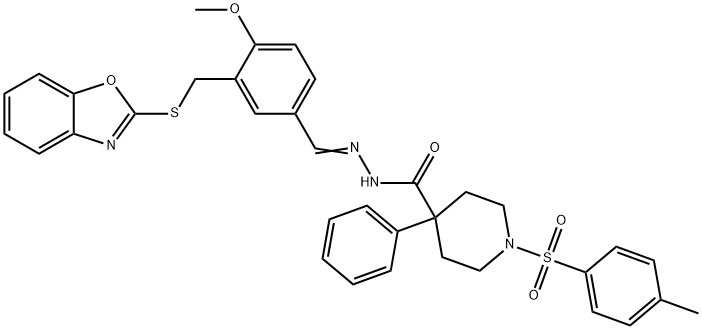 4-Piperidinecarboxylicacid,1-[(4-methylphenyl)sulfonyl]-4-phenyl-,[[3-[(2-benzoxazolylthio)methyl]-4-methoxyphenyl]methylene]hydrazide(9CI) 结构式
