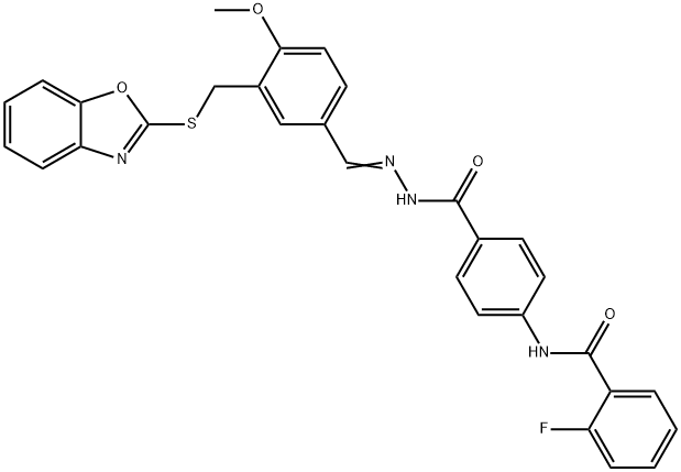 Benzoic acid, 4-[(2-fluorobenzoyl)amino]-, [[3-[(2-benzoxazolylthio)methyl]-4-methoxyphenyl]methylene]hydrazide (9CI) 结构式