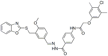Benzoic acid, 4-[[(4-chloro-3,5-dimethylphenoxy)acetyl]amino]-, [[3-[(2-benzoxazolylthio)methyl]-4-methoxyphenyl]methylene]hydrazide (9CI) 结构式