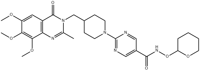 5-Pyrimidinecarboxamide,  N-[(tetrahydro-2H-pyran-2-yl)oxy]-2-[4-[(6,7,8-trimethoxy-2-methyl-4-oxo-3(4H)-quinazolinyl)methyl]-1-piperidinyl]- 结构式