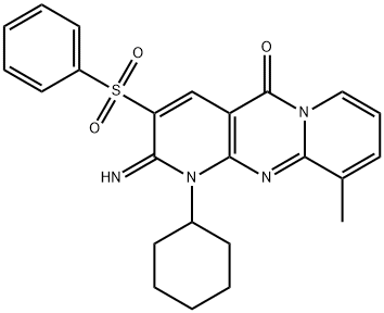 1-cyclohexyl-2-imino-10-methyl-3-(phenylsulfonyl)-1,2-dihydro-5H-dipyrido[1,2-a:2,3-d]pyrimidin-5-one 结构式