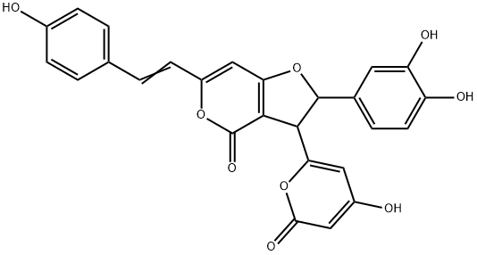 2-(3,4-Dihydroxyphenyl)-2,3-dihydro-3-(4-hydroxy-2-oxo-2H-pyran-6-yl)-6-[2-(4-hydroxyphenyl)vinyl]-4H-furo[3,2-c]pyran-4-one 结构式