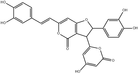 2-(3,4-Dihydroxyphenyl)-6-[2-(3,4-dihydroxyphenyl)vinyl]-2,3-dihydro-3-(4-hydroxy-2-oxo-2H-pyran-6-yl)-4H-furo[3,2-c]pyran-4-one 结构式