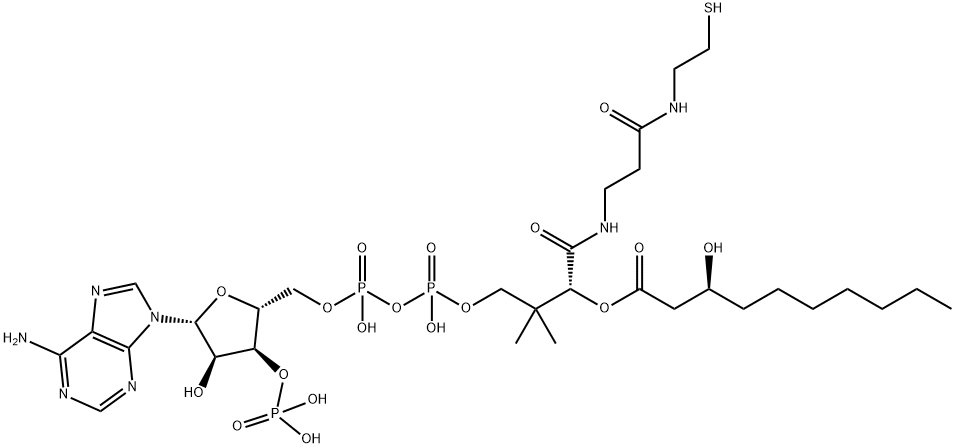 S-[2-[3-[[(2R)-4-[[[(2R,3R,5R)-5-(6-aminopurin-9-yl)-4-hydroxy-3-phosphonooxyoxolan-2-yl]methoxy-hydroxyphosphoryl]oxy-hydroxyphosphoryl]oxy-2-hydroxy-3,3-dimethylbutanoyl]amino]propanoylamino]ethyl] (3S)-3-hydroxydecanethioate 结构式