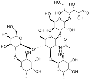 O-6-脱氧-ALPHA-L-吡喃半乳糖基-(1-2)-O-BETA-D-吡喃半乳糖基-(1-4)-O-[6-脱氧-ALPHA-L-吡喃半乳糖基-(1-3)]-O-2-(乙酰氨基)-2-脱氧-BETA-D-吡喃葡萄糖基-(1-3)-O-BETA-D-吡喃半乳糖基-(1-4)-D-葡萄糖 结构式