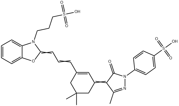 2-[3-[3-[1,5-dihydro-3-methyl-5-oxo-1-(4-sulphophenyl)-4H-pyrazol-4-ylidene]-5,5-dimethylcyclohex-1-en-1-yl]prop-2-enylidene]-2H-benzoxazole-3-propylsulphonic acid 结构式
