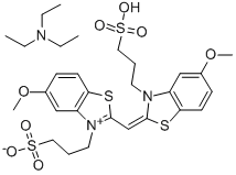 hydrogen 5-methoxy-2-[[5-methoxy-3-(3-sulphonatopropyl)-3H-benzothiazol-2-ylidene]methyl]-3-(3-sulphonatopropyl)benzothiazolium, compound with triethylamine (1:1) 结构式
