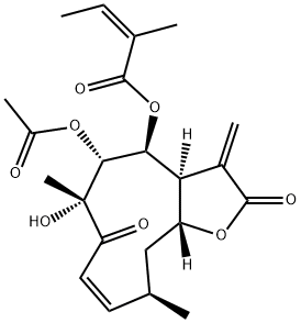 (3aS,4S,5R,6R,8Z,10R,11aR)-5-Acetoxy-2,3,3a,4,5,6,7,10,11,11a-decahydro-6-hydroxy-4-[(Z)-2-methyl-2-butenoyloxy]-6,10-dimethyl-3-methylenecyclodeca[b]furan-2,7-dione 结构式