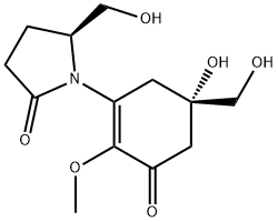 1-[5-Hydroxy-5-(hydroxymethyl)-2-methoxy-3-oxo-1-cyclohexen-1-yl]-5-(hydroxymethyl)pyrrolidin-2-one 结构式