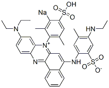 5-[(4-Ethylamino-5-methyl-2-sulfonatophenyl)amino]-9-diethylamino-7-(2,6-dimethyl-3-sodiosulfophenyl)benzo[a]phenazin-7-ium 结构式