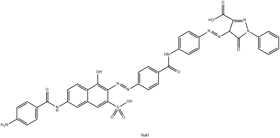 disodium 4-[[4-[[4-[[6-[(4-aminobenzoyl)amino]-1-hydroxy-3-sulphonato-2-naphthyl]azo]benzoyl]amino]phenyl]azo]-4,5-dihydro-5-oxo-1-phenyl-1H-pyrazole-3-carboxylate 结构式
