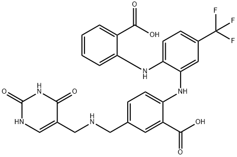 Benzoic  acid,  2-[[2-[(2-carboxyphenyl)amino]-5-(trifluoromethyl)phenyl]amino]-5-[[[(1,2,3,4-tetrahydro-2,4-dioxo-5-pyrimidinyl)methyl]amino]methyl]- 结构式