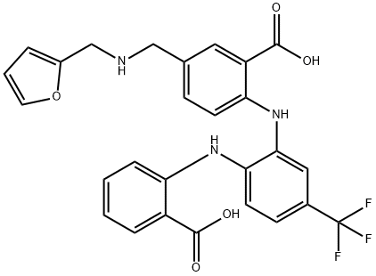 Benzoic  acid,  2-[[2-[(2-carboxyphenyl)amino]-5-(trifluoromethyl)phenyl]amino]-5-[[(2-furanylmethyl)amino]methyl]- 结构式