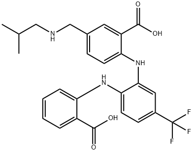 Benzoic  acid,  2-[[2-[(2-carboxyphenyl)amino]-5-(trifluoromethyl)phenyl]amino]-5-[[(2-methylpropyl)amino]methyl]- 结构式