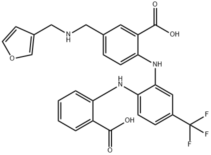 Benzoic  acid,  2-[[2-[(2-carboxyphenyl)amino]-5-(trifluoromethyl)phenyl]amino]-5-[[(3-furanylmethyl)amino]methyl]- 结构式
