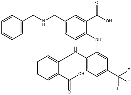 Benzoic  acid,  2-[[2-[(2-carboxyphenyl)amino]-5-(trifluoromethyl)phenyl]amino]-5-[[(phenylmethyl)amino]methyl]- 结构式