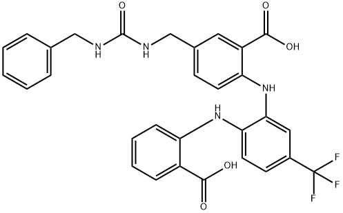 Benzoic  acid,  2-[[2-[(2-carboxyphenyl)amino]-5-(trifluoromethyl)phenyl]amino]-5-[[[[(phenylmethyl)amino]carbonyl]amino]methyl]- 结构式